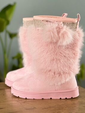 Pink Faux Fur Crystal Trim Winter Boots